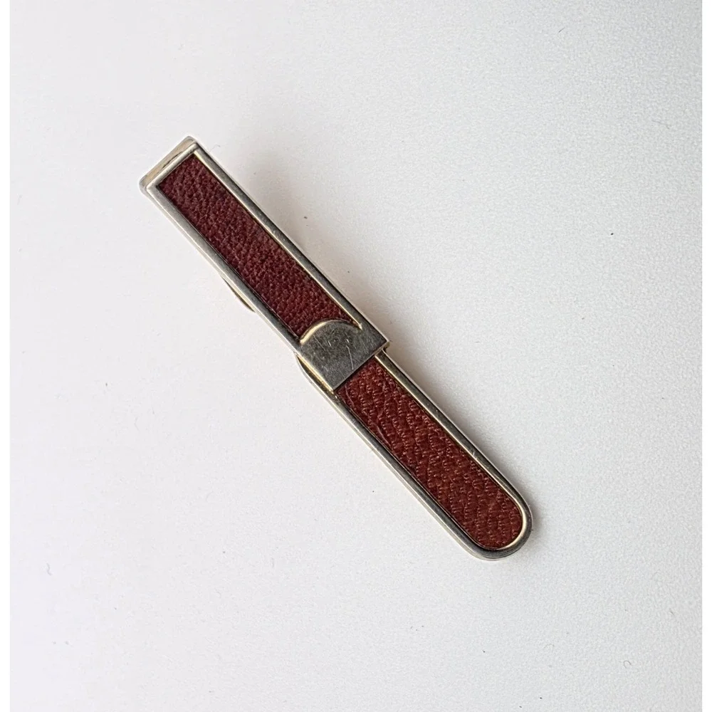 Vintage‎ SWANK CuffLinks & Tir Clip Bar Set 1950s Brown Leather Inlayed in Brass
